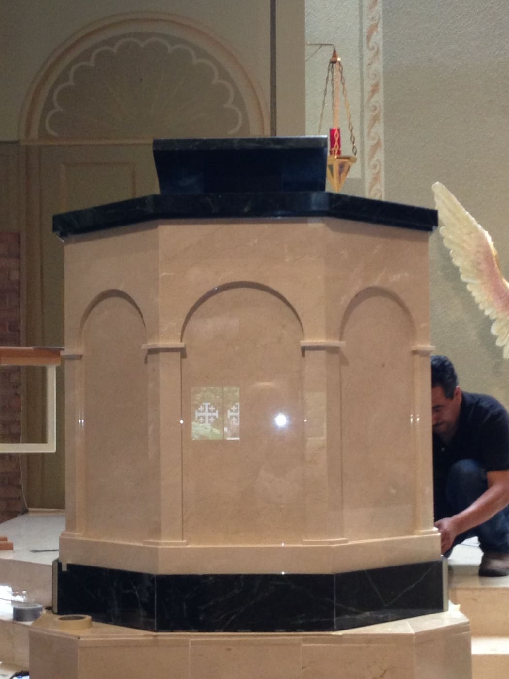 Stone altar components being prepared by Cangelosi Company ahead of a phased church installation