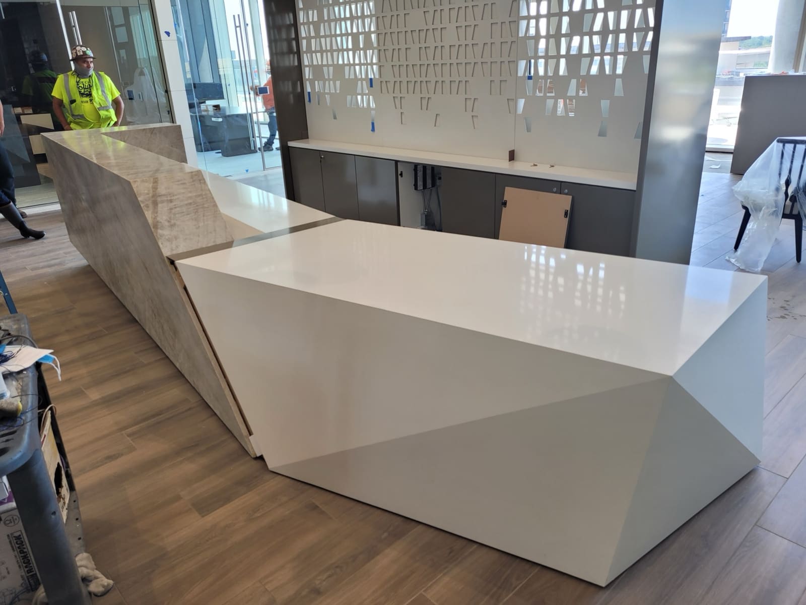 Faceted stone reception desk being fabricated in the Cangelosi Company shop