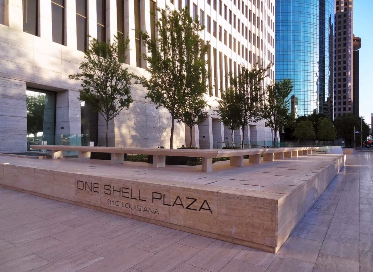 One Shell Plaza base stone and signage by Cangelosi Company